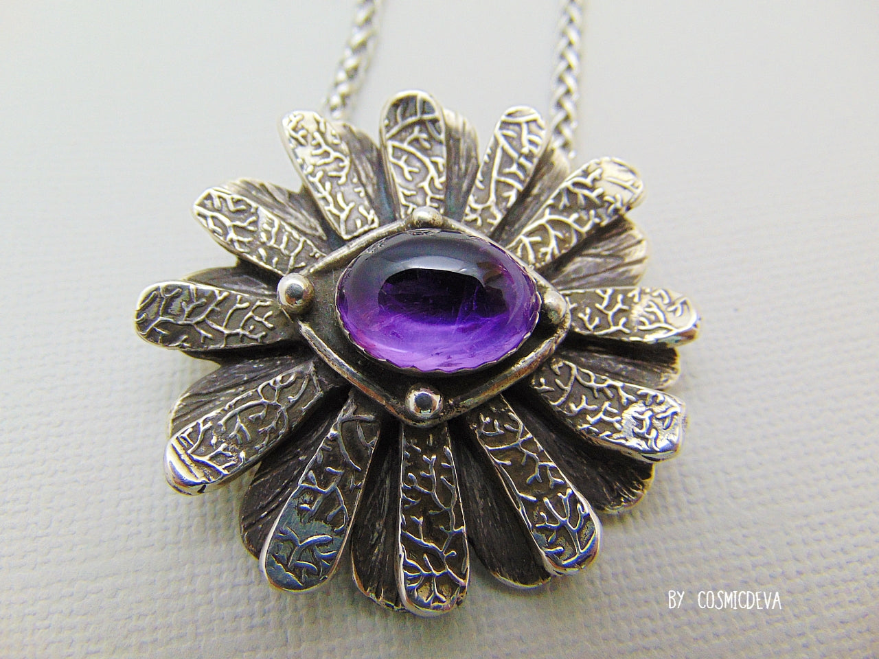 Daisy Flower 999 Fine Silver Pendant Necklace with Amethyst – Unique Handmade Floral Jewelry - CosmicDeva
