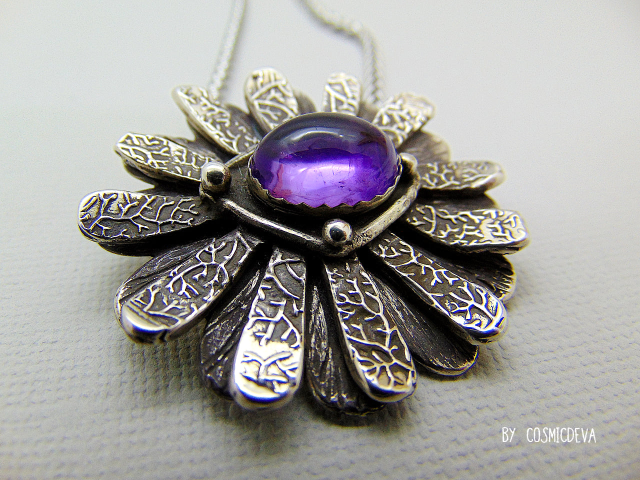 Daisy Flower 999 Fine Silver Pendant Necklace with Amethyst – Unique Handmade Floral Jewelry - CosmicDeva