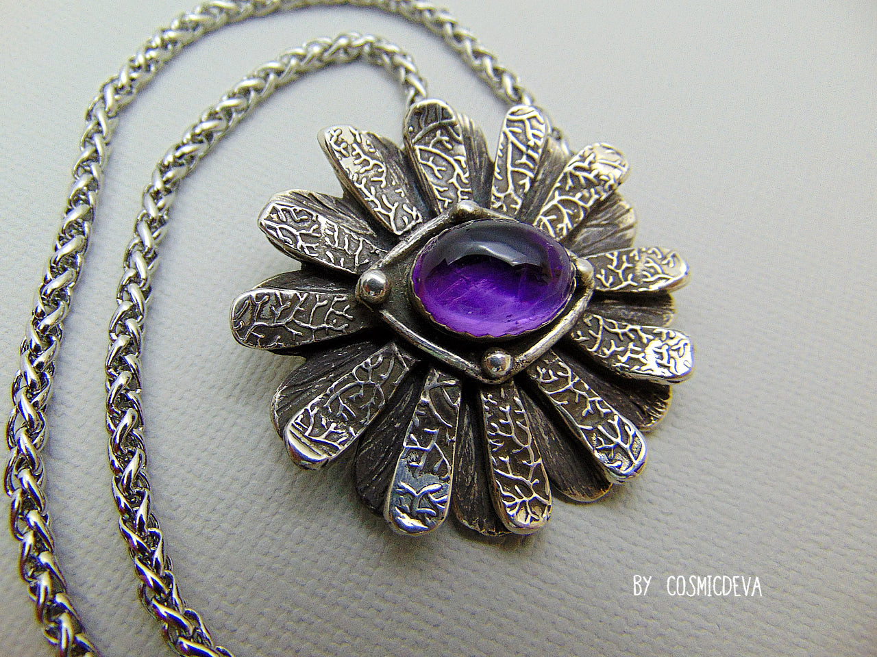 Daisy Flower 999 Fine Silver Pendant Necklace with Amethyst – Unique Handmade Floral Jewelry - CosmicDeva