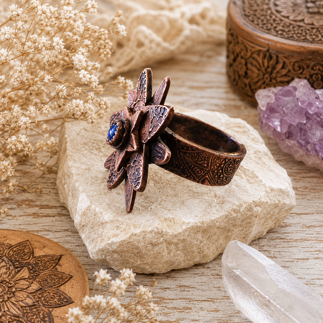 Handmade Lapis Lazuli copper flower ring in US Size 7 with natural royal blue gemstone, antique patina and detailed floral design. One-of-a-kind boho jewelry. By Cosmicdeva