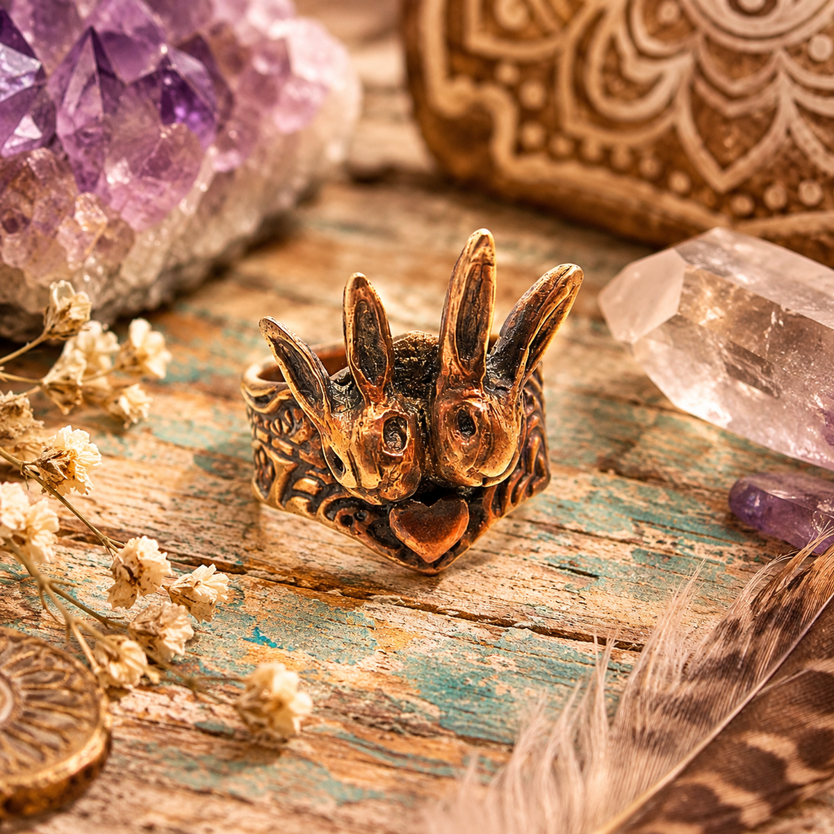 One-of-a-kind handmade copper bunny ring featuring two sculpted rabbits and heart details. Rustic boho rabbit jewelry, US size 7.5, made in the USA. By Cosmicdeva