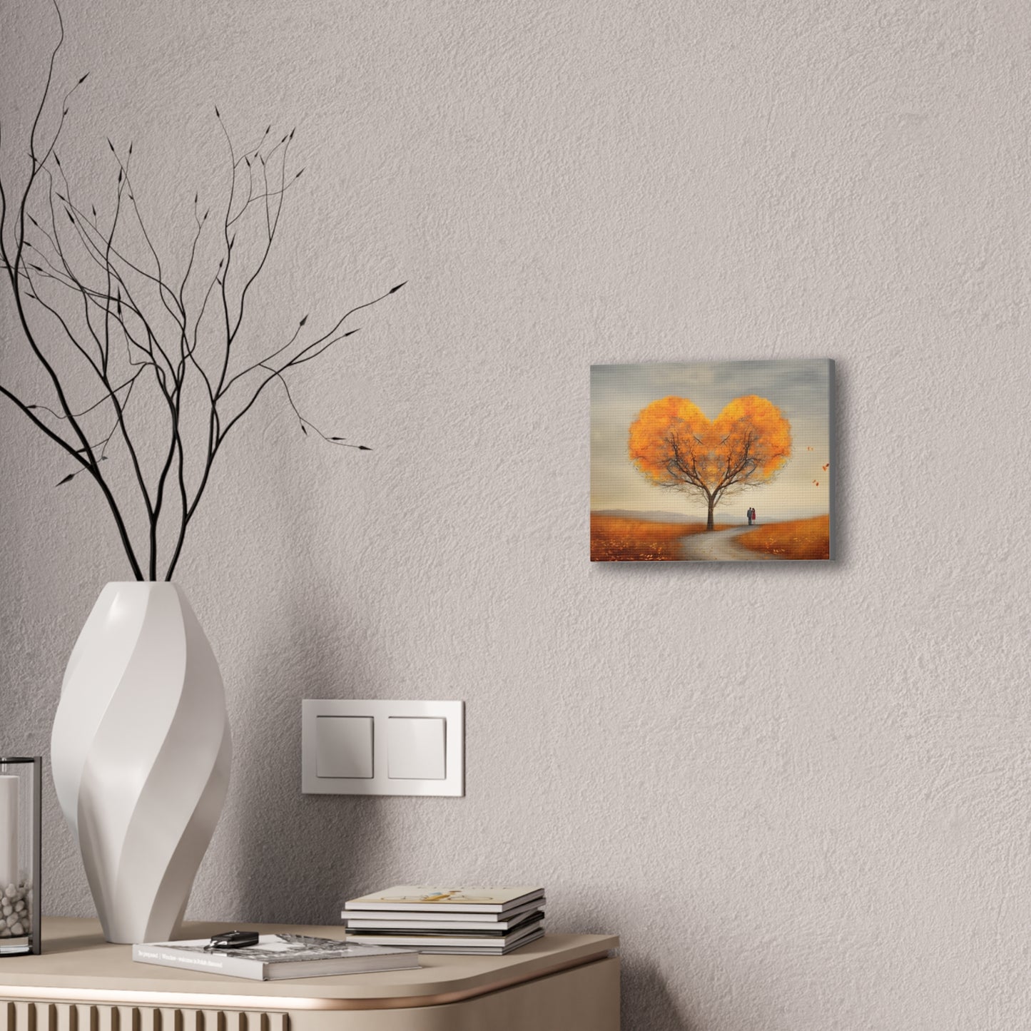 Landscape Of Heart Shaped Tree in Fall with two Lovers Canvas Stretched, 0.75" - CosmicDeva