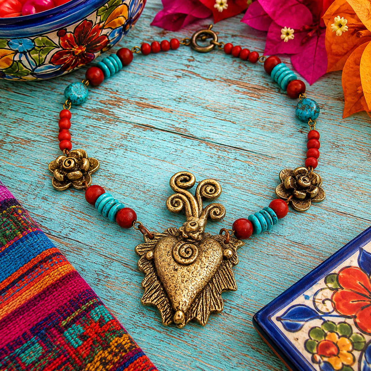 Meta Description — Etsy & Google
Southwestern Sacred Heart necklace and earrings with a solid bronze Milagro heart, natural turquoise and red howlite beads. Unique Mexican folk-art jewelry.