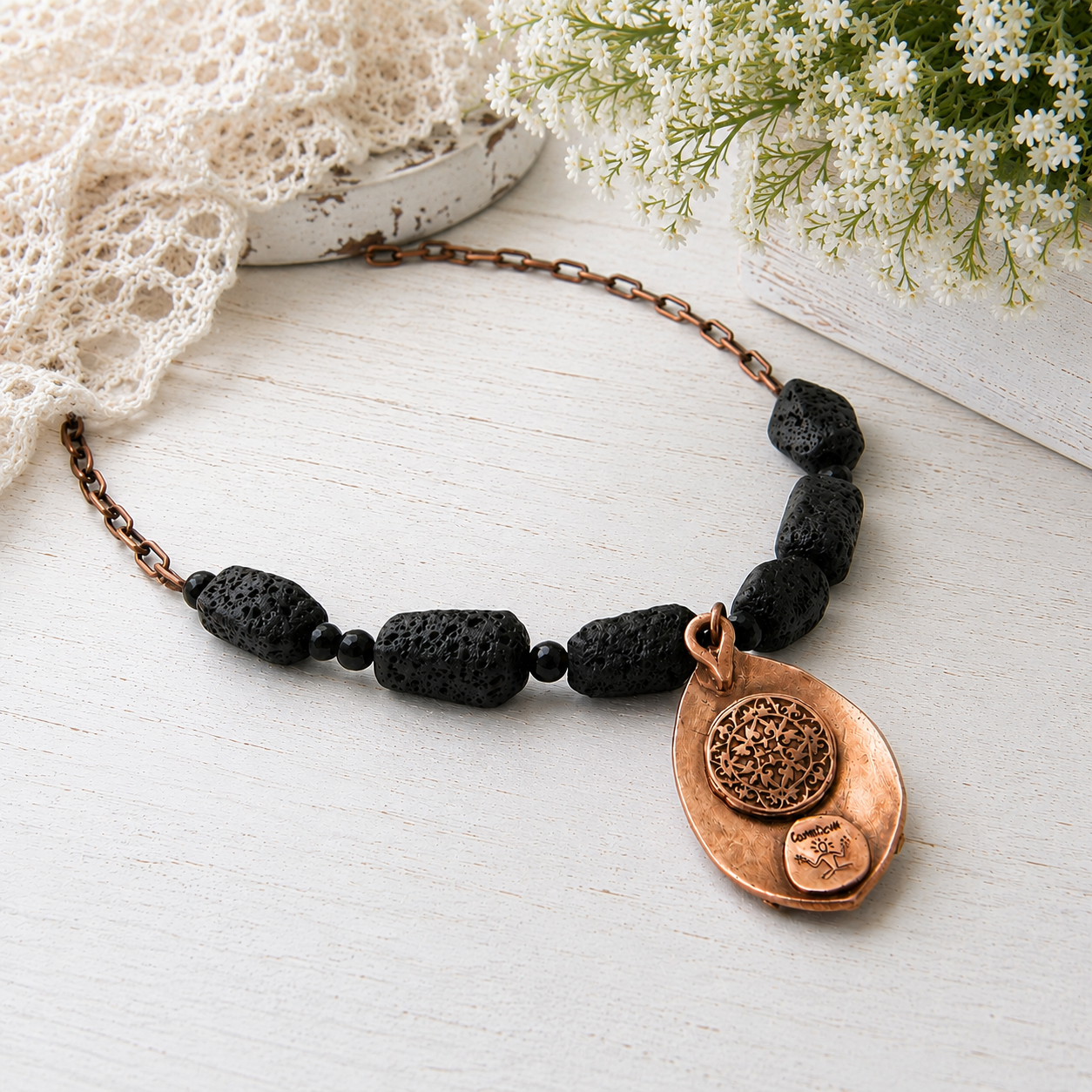 Handmade Rainbow Obsidian necklace with black lava stone beads and solid copper chain. Unique statement jewelry and essential oil diffuser necklace.