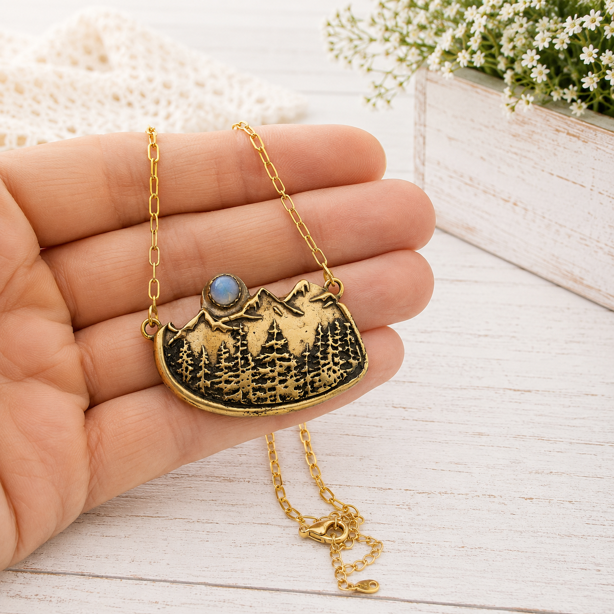 Alpine Forest Magic Mountains Moonstone Gold Bronze Necklace - CosmicDeva