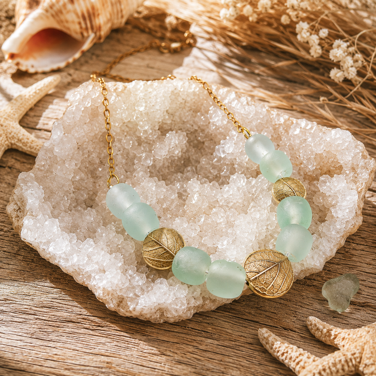 Experience nature-inspired elegance with this handcrafted Gold Bronze Leaf Necklace, featuring artisan bronze leaves imprinted from real leaves gathered from the artist’s own backyard. Recycled aqua blue glass beads add a soft coastal touch, creating a unique, sustainable botanical statement necklace perfect for boho and nature lovers.