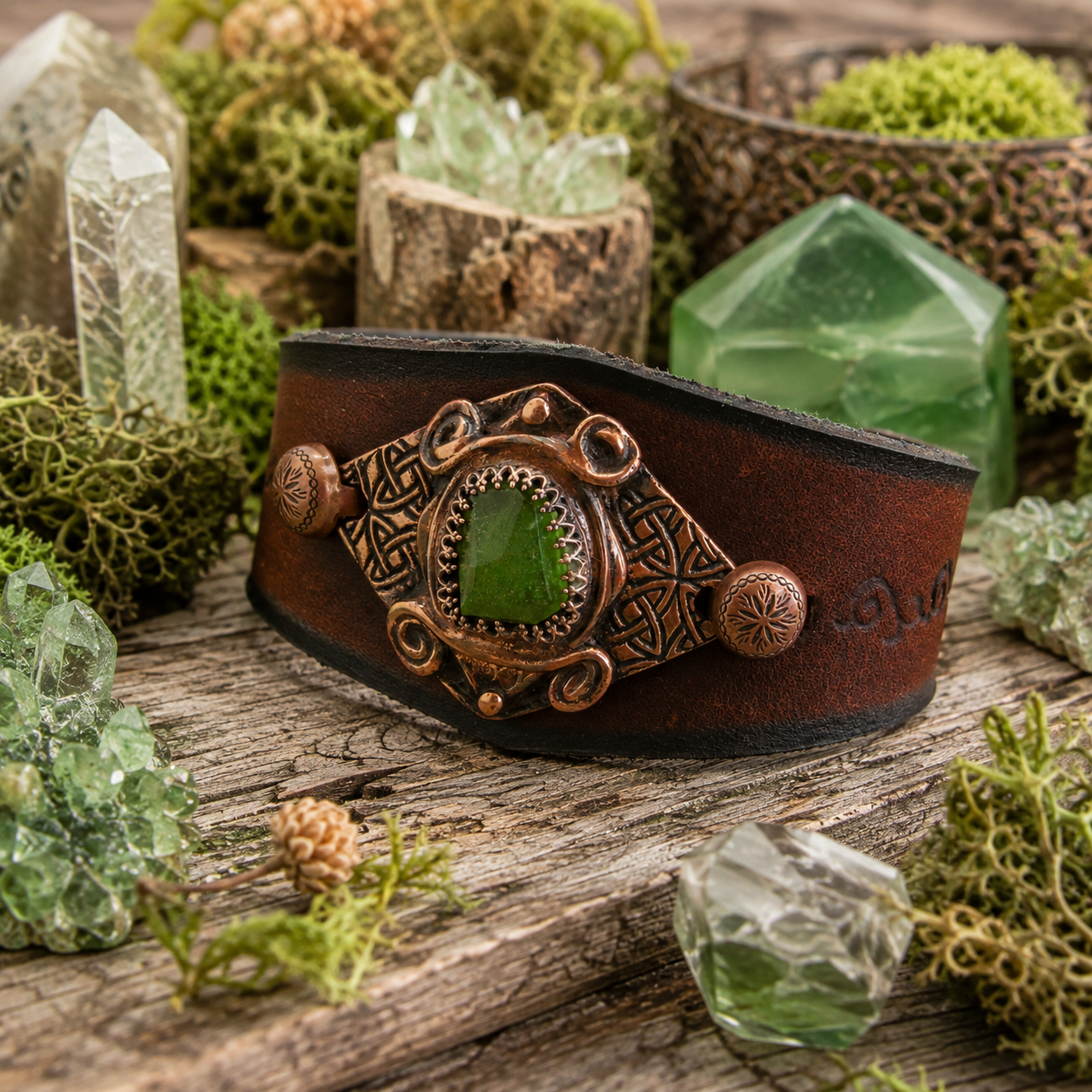 One-of-a-kind green Peridot leather cuff with Celtic textured copper, brown VegTan leather and magnetic clasp. Handmade boho artisan jewelry. By Cosmicdeva