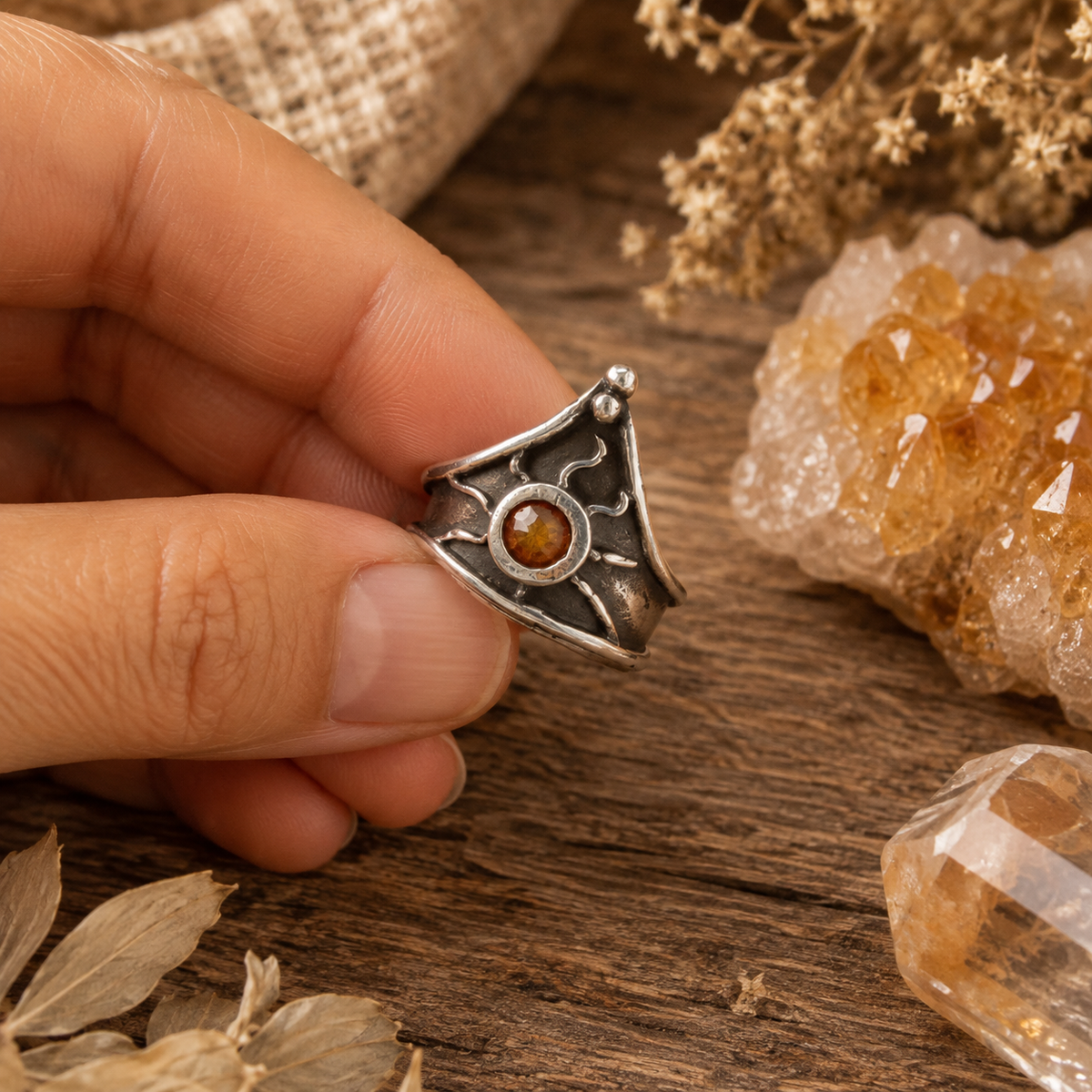 Handmade .950 sterling silver citrine ring with medieval triangle shield design, 5mm golden CZ stone and oxidized antique finish. US size 7.5. by Cosmicdeva