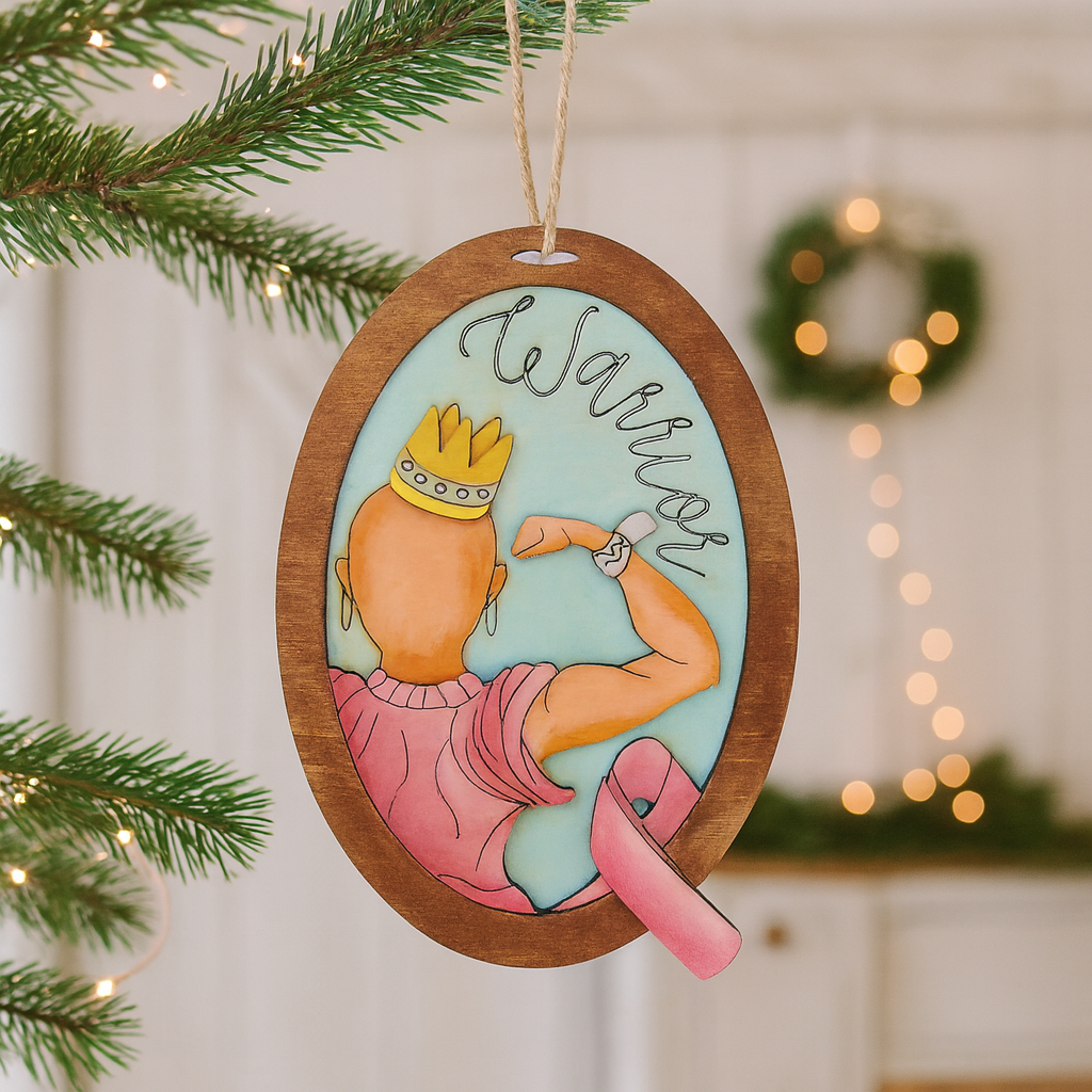 Hand painted Pink Cancer Warrior Ornament. Personalized breast cancer survivor gift with engraved name option. Meaningful awareness keepsake décor.