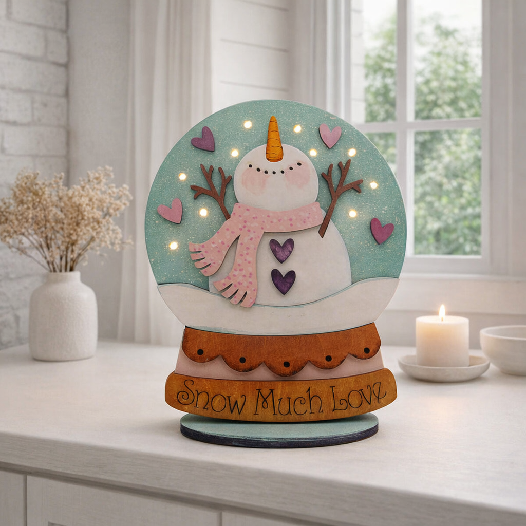 Lighted Snowman Globe Shelf Sitter with LED lights and “Snow Much Love” design. Handmade wood Christmas decor, perfect for mantels, tiered trays, and cozy winter homes.