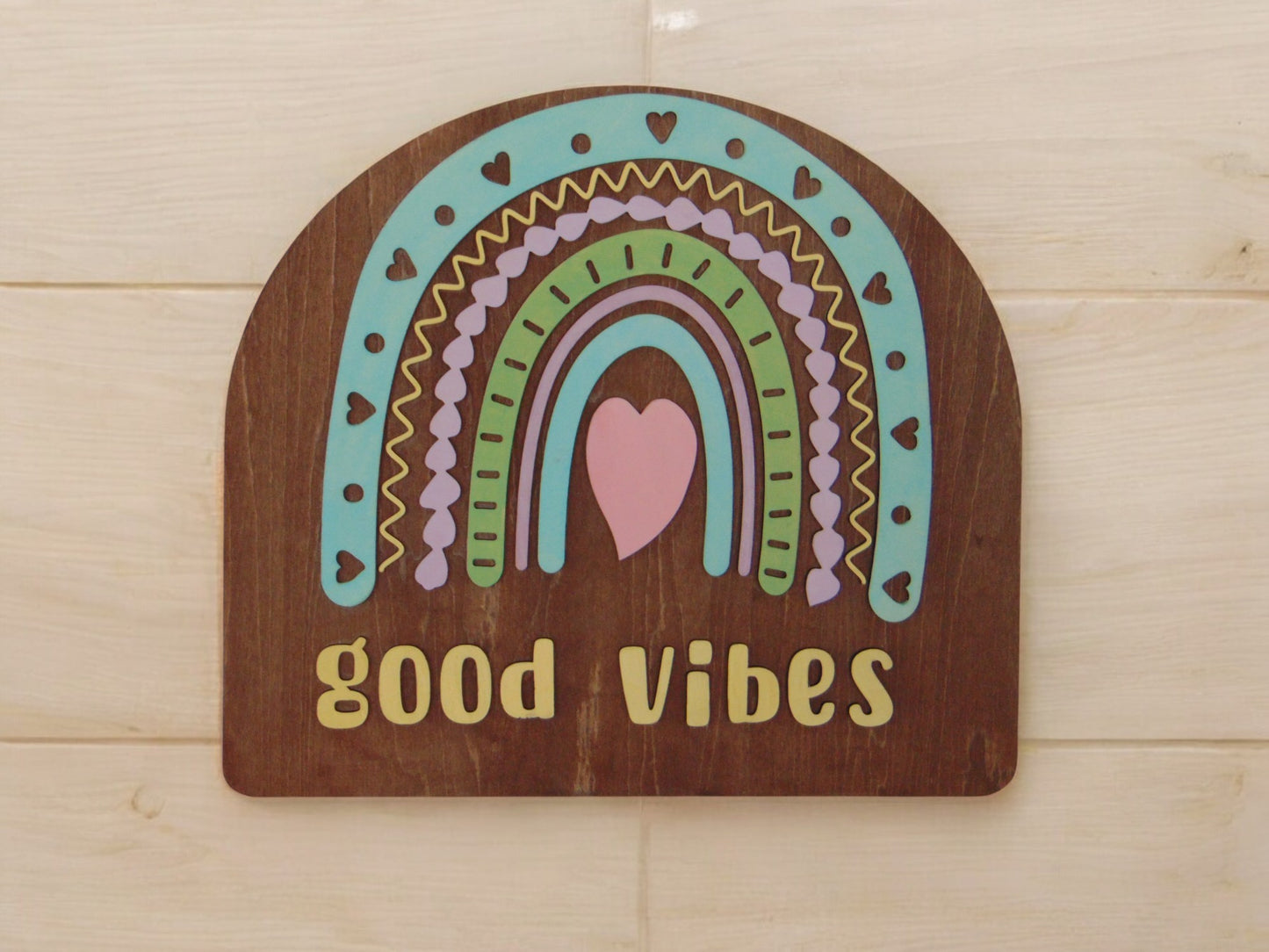 W-021 Wooden 3D Good Vibes Rainbow Wall Sign – Inspirational Multicolored Rainbow Décor - CosmicDeva