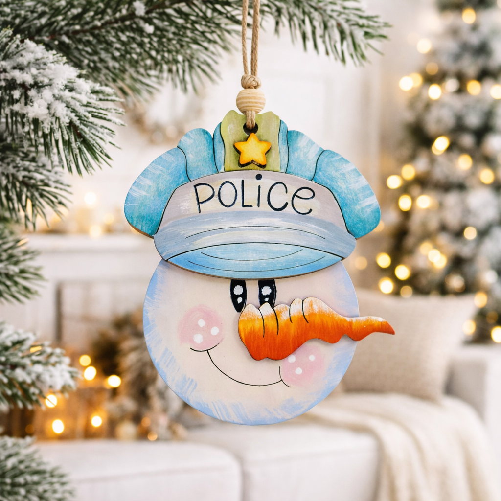 Hand painted wooden Police Snowman Christmas Ornament made from layered basswood with engraved POLICE lettering. Lightweight, rustic, and ready to hang. A perfect law enforcement Christmas gift or keepsake.