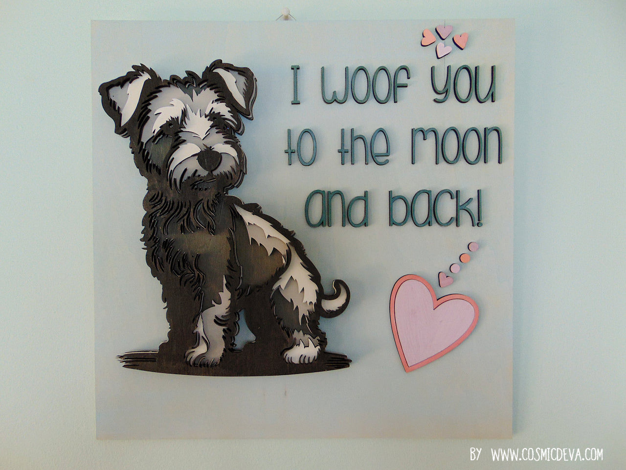 Wooden 3D Terrier Dog Wall Decor – “I Woof You to the Moon and Back” - CosmicDeva