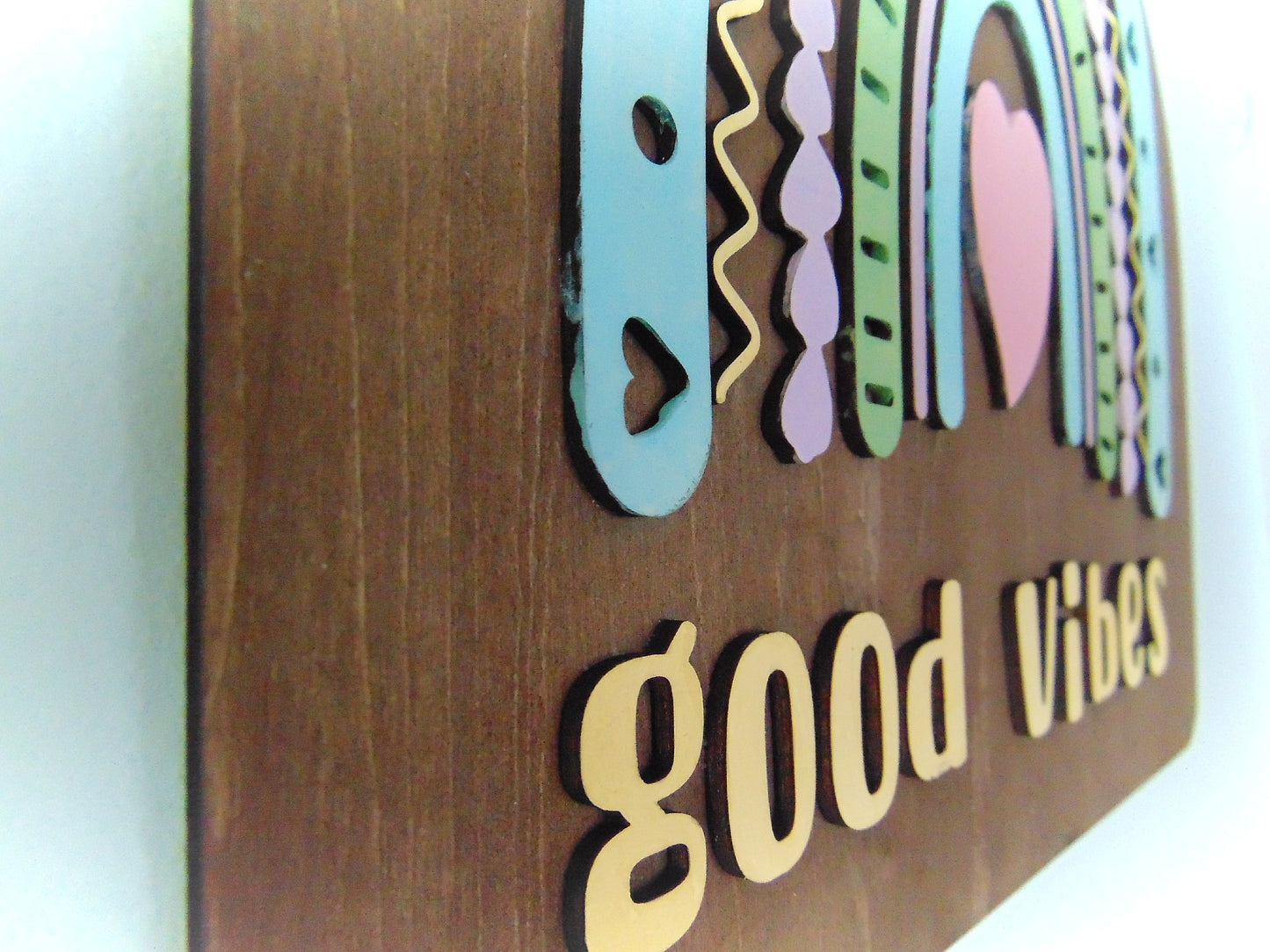 W-021 Wooden 3D Good Vibes Rainbow Wall Sign – Inspirational Multicolored Rainbow Décor - CosmicDeva