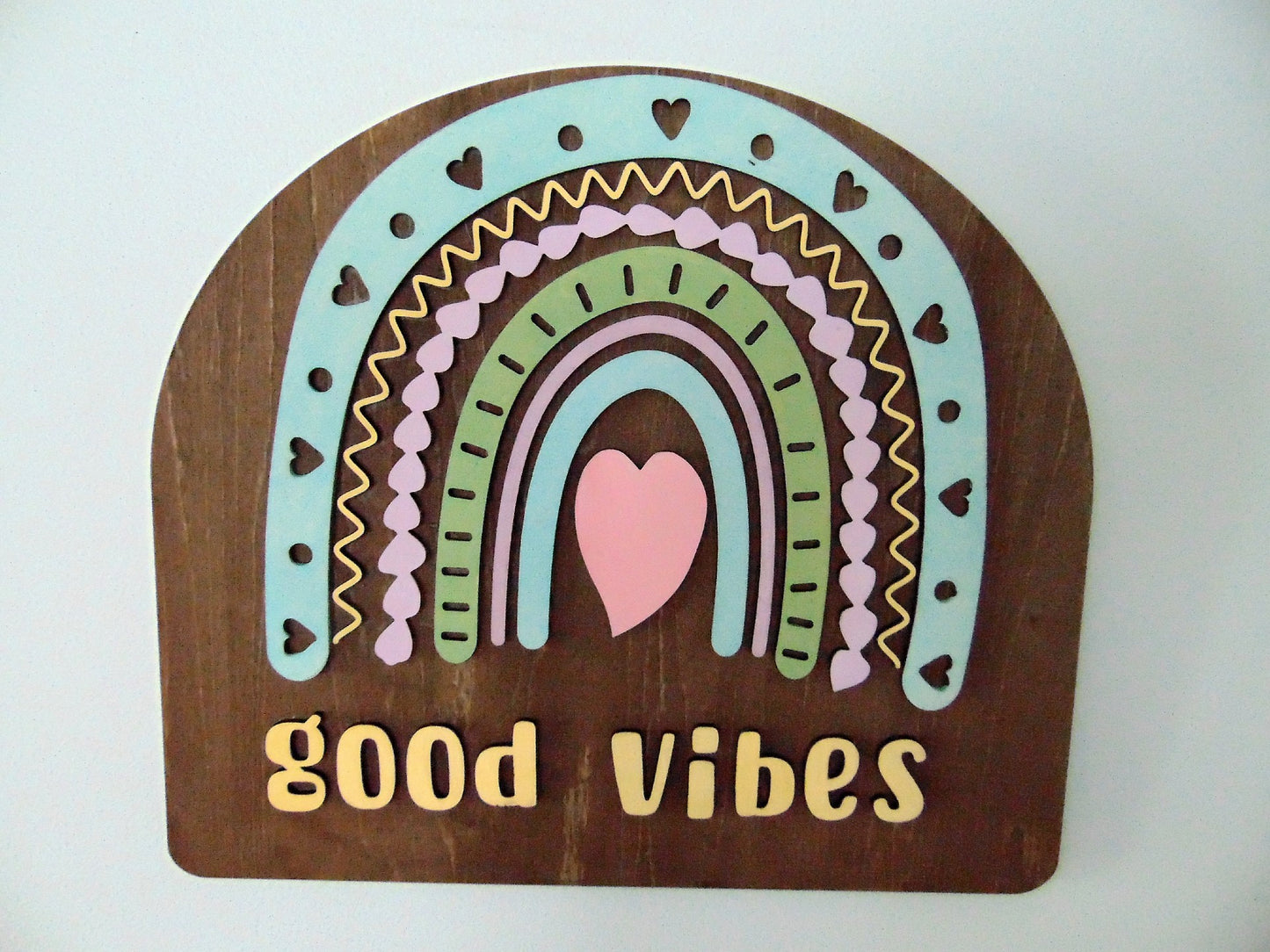 W-021 Wooden 3D Good Vibes Rainbow Wall Sign – Inspirational Multicolored Rainbow Décor - CosmicDeva