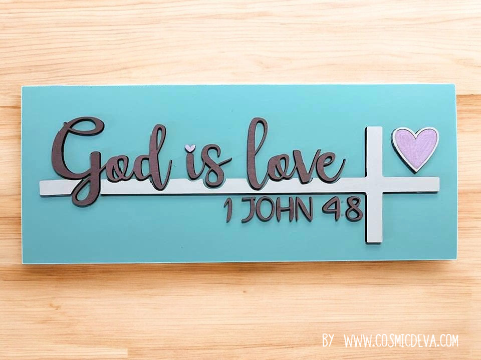 W-022 3D Layered Wooden "God is Love" Wall Sign with Cross and Heart – Inspirational Christian Décor - CosmicDeva