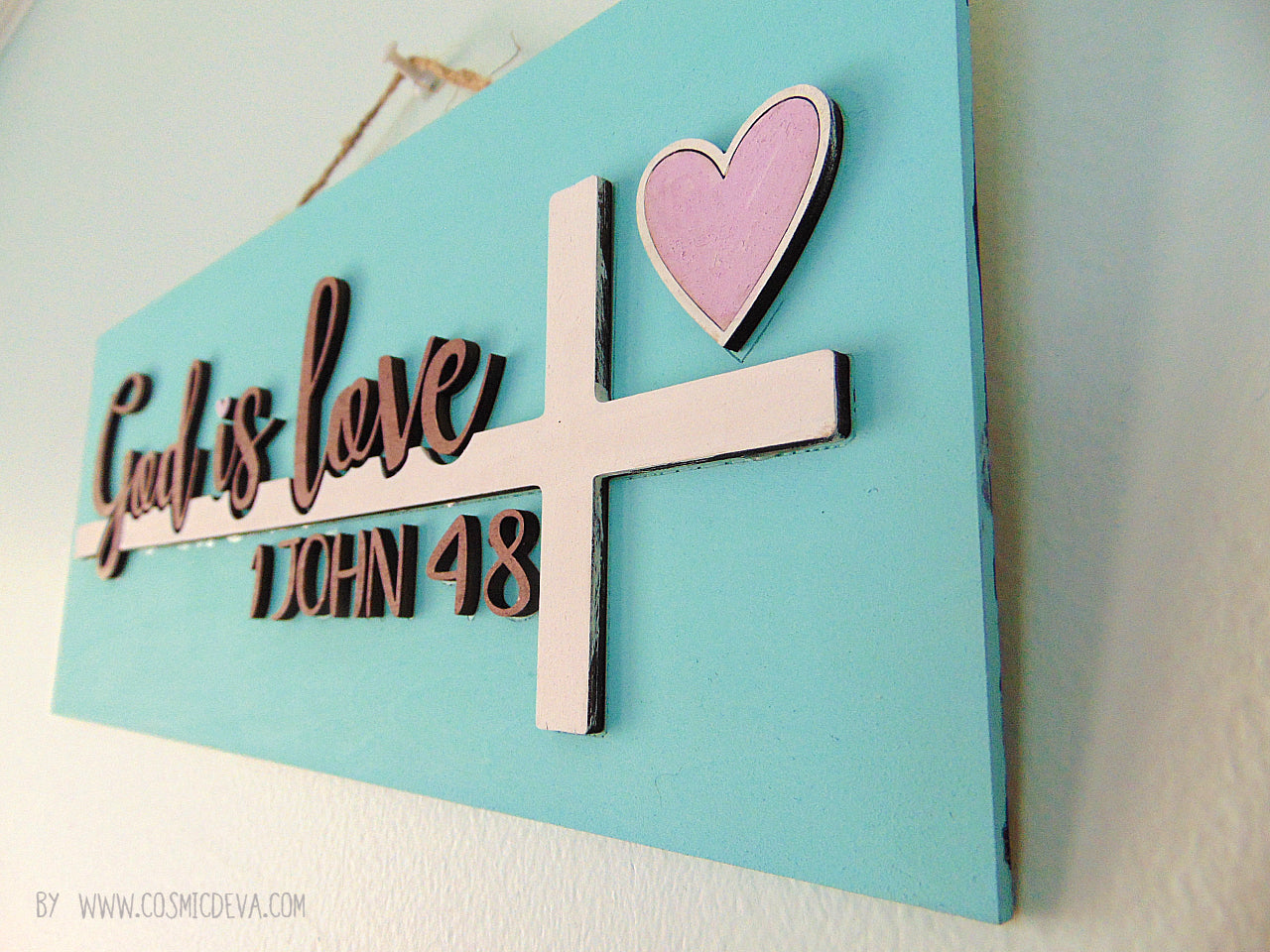 W-022 3D Layered Wooden "God is Love" Wall Sign with Cross and Heart – Inspirational Christian Décor - CosmicDeva