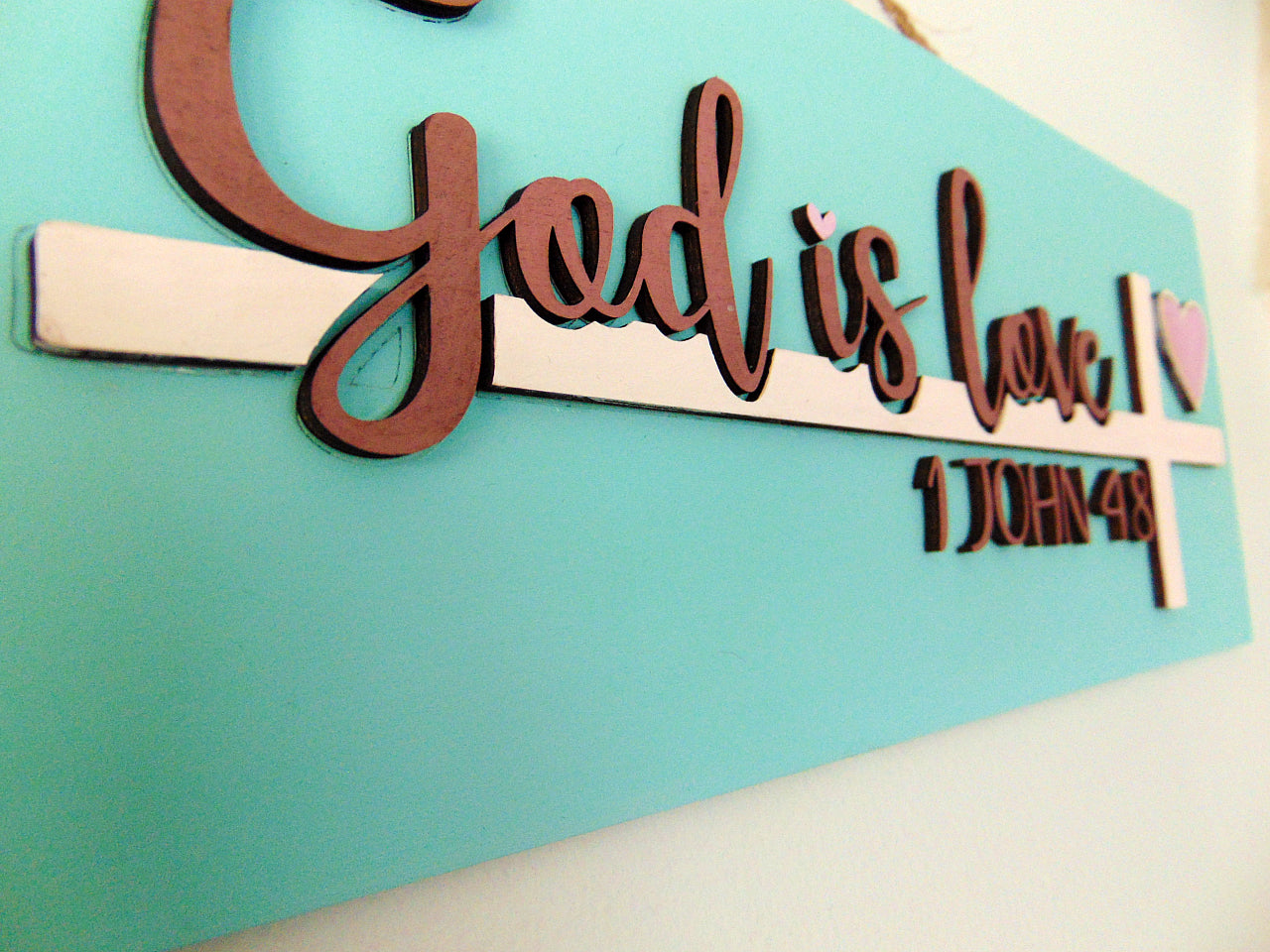 W-022 3D Layered Wooden "God is Love" Wall Sign with Cross and Heart – Inspirational Christian Décor - CosmicDeva