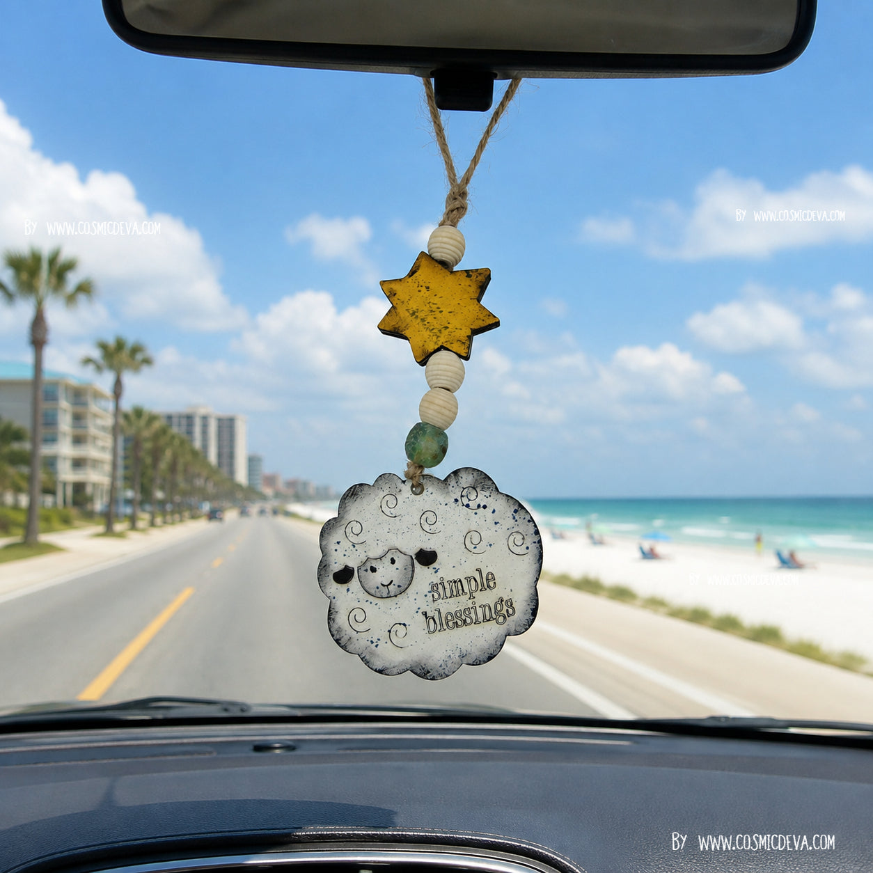Hand-painted wooden sheep car charm with Simple Blessings and Matthew 28:20 engravings, a yellow star, and aqua sea glass bead. A sweet Christian gift. By Cosmicdeva