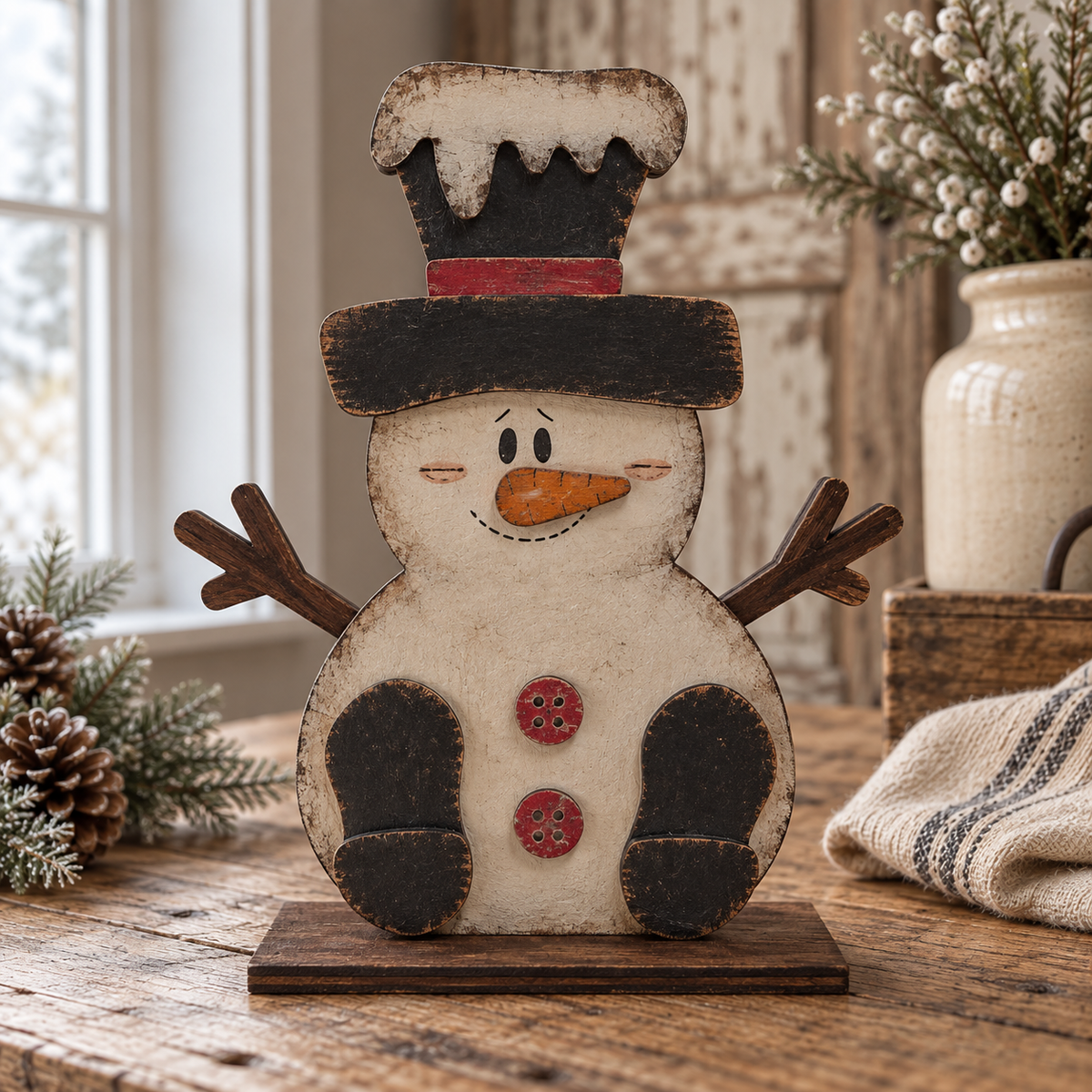 Rustic wooden snowman shelf sitter available hand-painted or as a DIY paint-your-own kit. Handmade birch wood farmhouse Christmas decor and craft. By Cosmicdeva