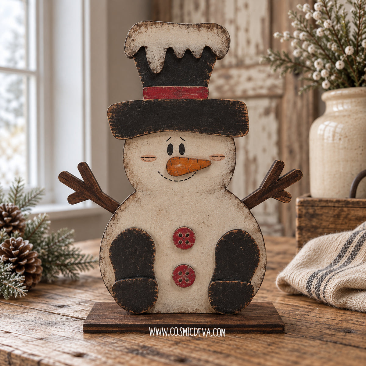 Handmade rustic wooden snowman shelf sitter, laser cut from birch wood and hand-painted. Charming farmhouse Christmas mantel and shelf decor. By Cosmicdeva