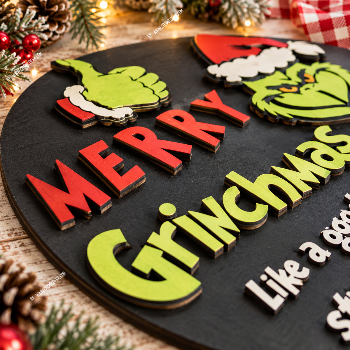Funny Merry Grinchmas door hanger featuring a layered 14-inch wooden design and cheeky holiday saying. Hand-painted Christmas front door decor.by Cosmicdeva