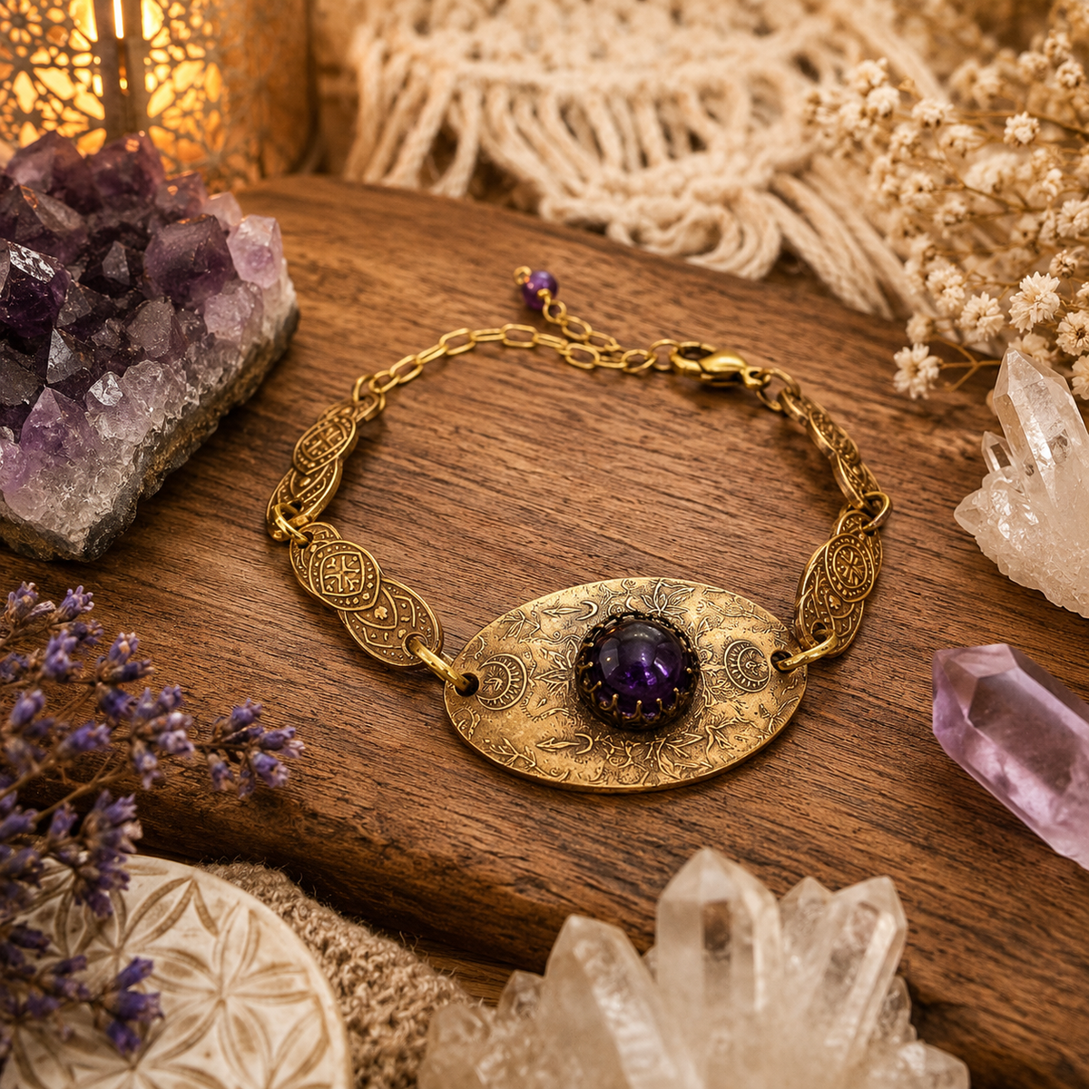 Handmade amethyst bronze bracelet featuring natural purple amethyst, medieval filigree details and lepidolite. Adjustable artisan boho jewelry made in USA. By cosmicdeva