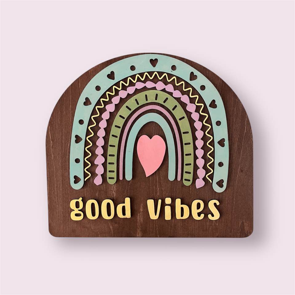 W-021 Wooden 3D Good Vibes Rainbow Wall Sign – Inspirational Multicolored Rainbow Décor - CosmicDeva