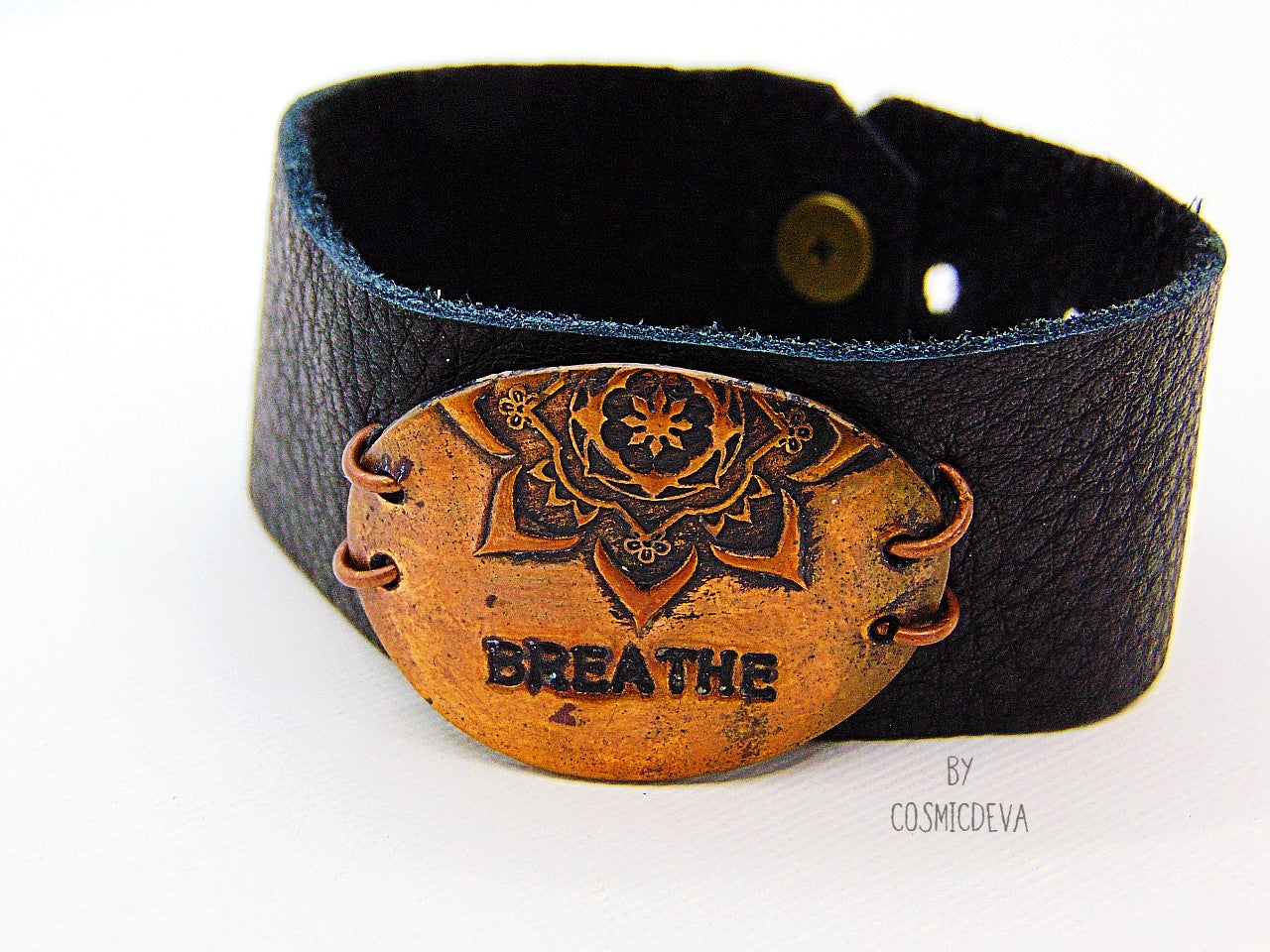 Handcrafted inspirational Yoga black deer leather bracelet with solid copper mandala tag with the word “breathe”. Motivational messages and words inspire positive energy in your life. I put my heart and soul into every piece I create, which results in high quality workmanship and all my jewelry items are carefully handcrafted.