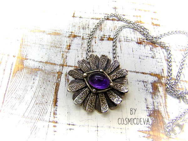 Amethyst Daisy Flower 999 Fine Silver Pendant. Gorgeous artful and unique hand sculptured solid fine 999 silver daisy flower pendant with a semi-precious natural amethyst cabochon as a focal point. The handmade fine silver pendant was oxidized to give it an antique look. - CosmicDeva