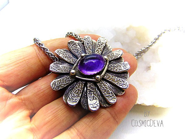 Amethyst Daisy Flower 999 Fine Silver Pendant. Gorgeous artful and unique hand sculptured solid fine 999 silver daisy flower pendant with a semi-precious natural amethyst cabochon as a focal point. The handmade fine silver pendant was oxidized to give it an antique look. - CosmicDeva