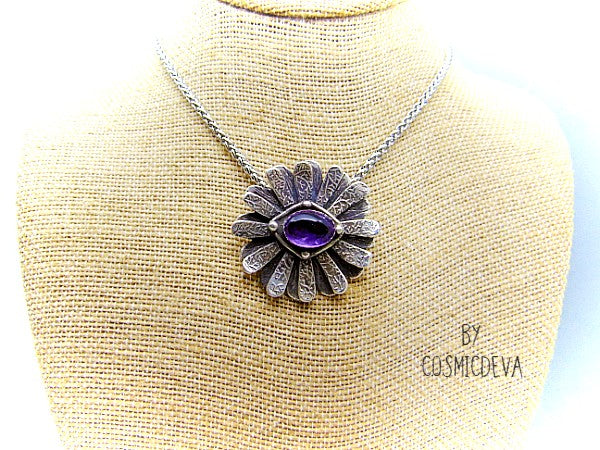 Amethyst Daisy Flower 999 Fine Silver Pendant, Gorgeous artful and unique hand sculptured solid fine 999 silver daisy flower pendant with a semi-precious natural amethyst cabochon as a focal point. The handmade fine silver pendant was oxidized to give it an antique look. - CosmicDeva