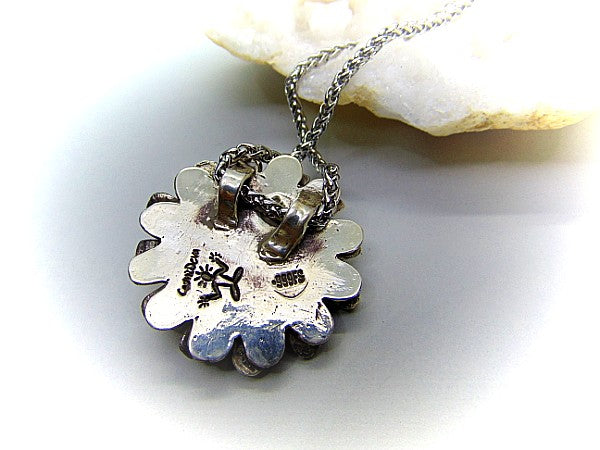 Amethyst Daisy Flower 999 Fine Silver Pendant . Gorgeous artful and unique hand sculptured solid fine 999 silver daisy flower pendant with a semi-precious natural amethyst cabochon as a focal point. The handmade fine silver pendant was oxidized to give it an antique look.- CosmicDeva
