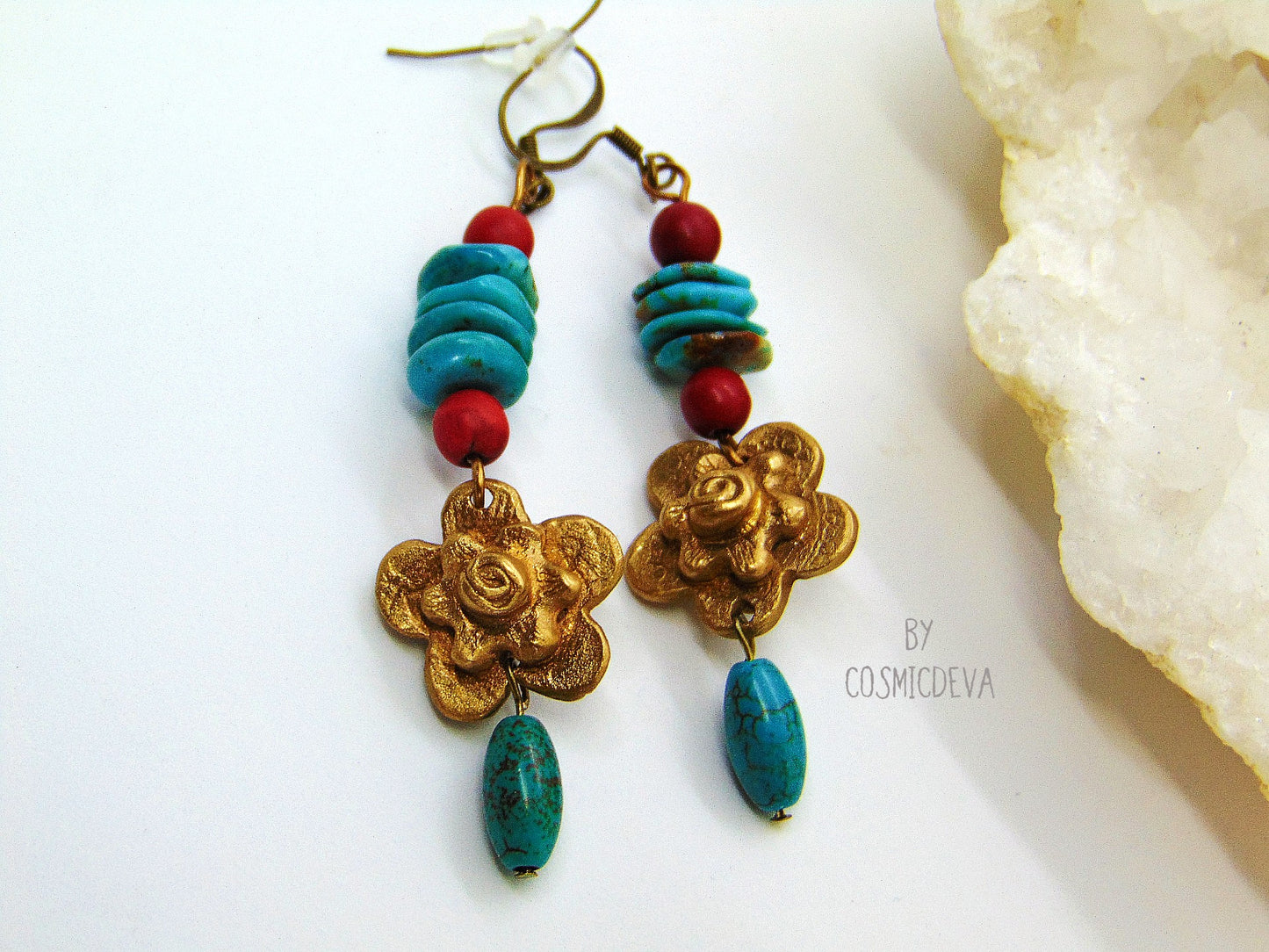 Gold Bronze Milagro Heart Sacred Heart Necklace Set. Stunning bold one of a kind hand sculptured solid golden bronze milagro heart and flower necklace set with natural turquoise, red howlite gemstone beads was kiln fired in my studio with pure Bronze from Bronze Metal Clay. This necklace comes with a matching pair of ear rings - CosmicDeva