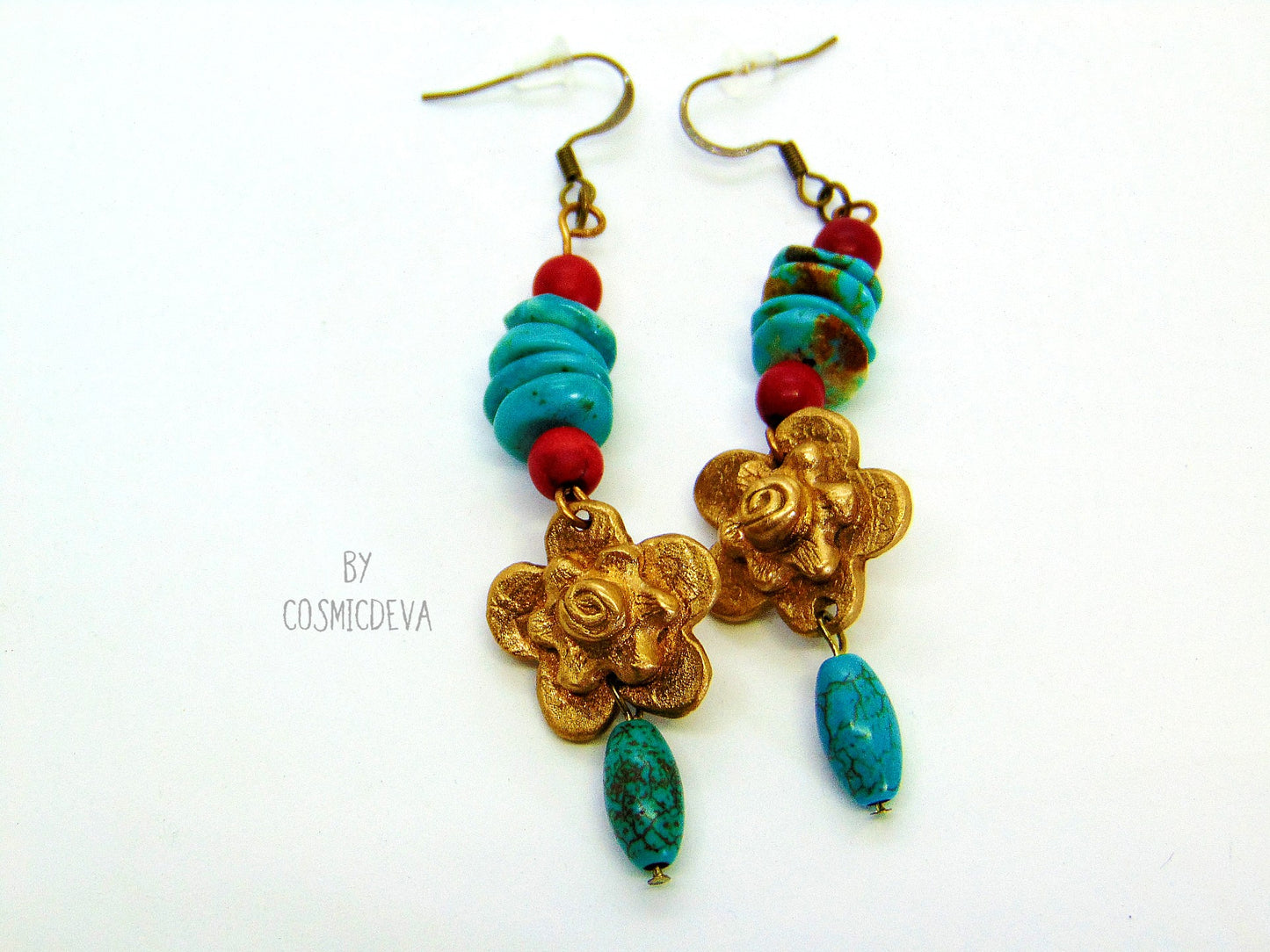 Gold Bronze Milagro Heart Sacred Heart Necklace Set. Stunning bold one of a kind hand sculptured solid golden bronze milagro heart and flower necklace set with natural turquoise, red howlite gemstone beads was kiln fired in my studio with pure Bronze from Bronze Metal Clay. This necklace comes with a matching pair of ear rings - CosmicDeva