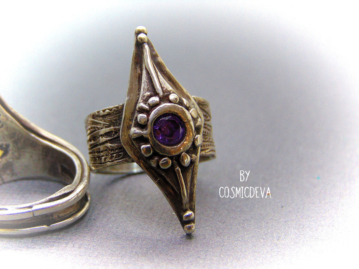 Medieval Wide Band Sterling Silver Shield Ring with Amethyst, Size 8 Ring. Unique and stunning handcrafted diamond shape shield sterling silver ring with a 5 mm round amethyst sto. ne. This Ring is made of .950 sterling silver and hallmarked as it. The ring was oxidized to give it a vintage antique design. - CosmicDeva