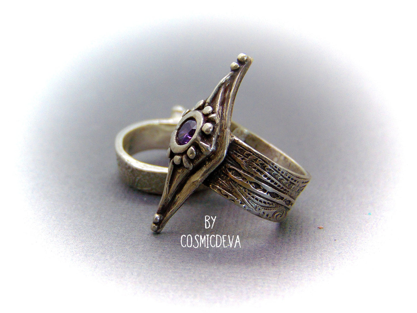 Medieval Wide Band Sterling Silver Shield Ring with Amethyst, Size 8 Ring. Unique and stunning handcrafted diamond shape shield sterling silver ring with a 5 mm round amethyst sto. ne. This Ring is made of .950 sterling silver and hallmarked as it. The ring was oxidized to give it a vintage antique design. - CosmicDeva