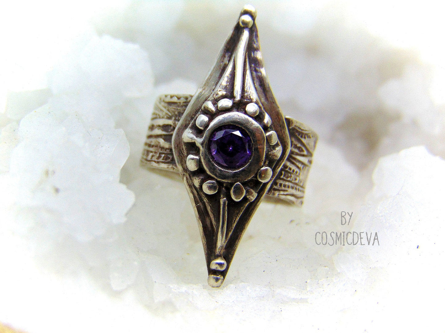 Medieval Wide Band Sterling Silver Shield Ring with Amethyst, Size 8 Ring. Unique and stunning handcrafted diamond shape shield sterling silver ring with a 5 mm round amethyst sto. ne. This Ring is made of .950 sterling silver and hallmarked as it. The ring was oxidized to give it a vintage antique design. - CosmicDeva