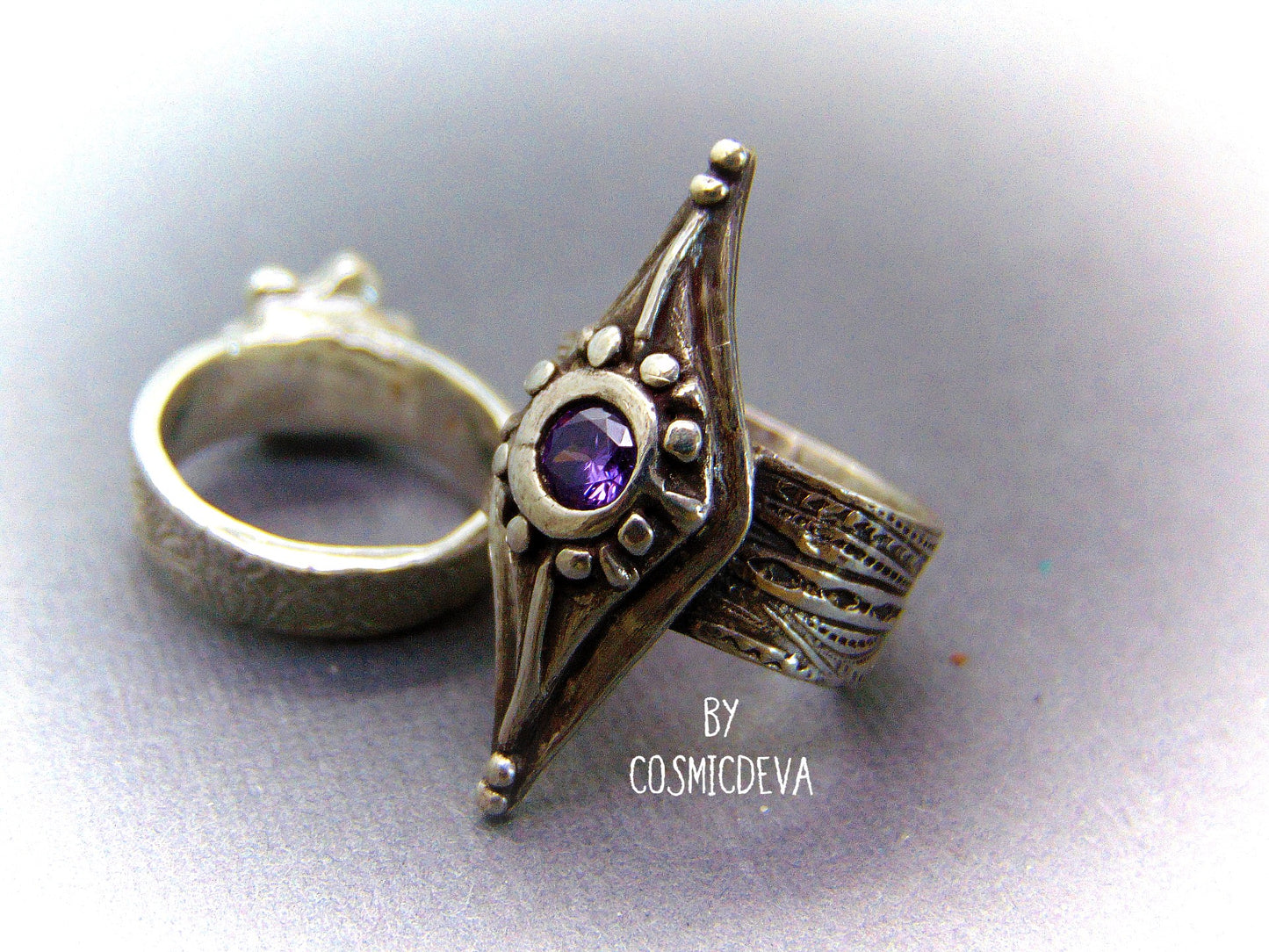 Medieval Wide Band Sterling Silver Shield Ring with Amethyst, Size 8 Ring. Unique and stunning handcrafted diamond shape shield sterling silver ring with a 5 mm round amethyst sto. ne. This Ring is made of .950 sterling silver and hallmarked as it. The ring was oxidized to give it a vintage antique design. - CosmicDeva