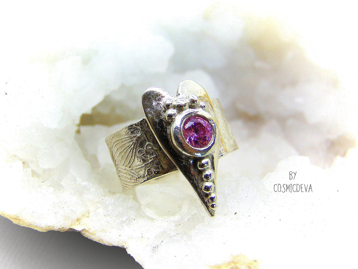 Sterling Silver Heart Ring with Pink CZ Gemstone, Heart Ring, Love Ring, SIZE 8 Engagement Ring, The heart is a symbol of love between two souls. This handcrafted wide ring shank sterling silver ring with floral texture featuring a small heart and a round 5 mm pink CZ gemstone. This Ring is made of pure .950 sterling silver and hallmarked as it - CosmicDeva