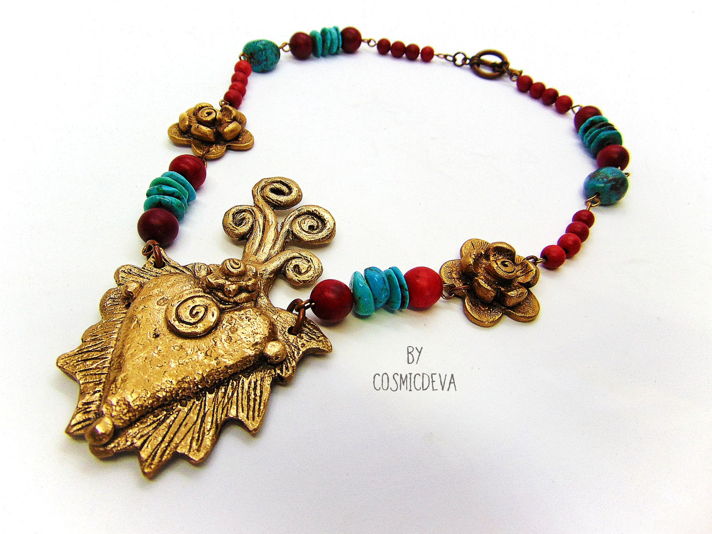 Gold Bronze Milagro Heart Sacred Heart Necklace Set. Stunning bold one of a kind hand sculptured solid golden bronze milagro heart and flower necklace set with natural turquoise, red howlite gemstone beads was kiln fired in my studio with pure Bronze from Bronze Metal Clay. This necklace comes with a matching pair of ear rings - CosmicDeva