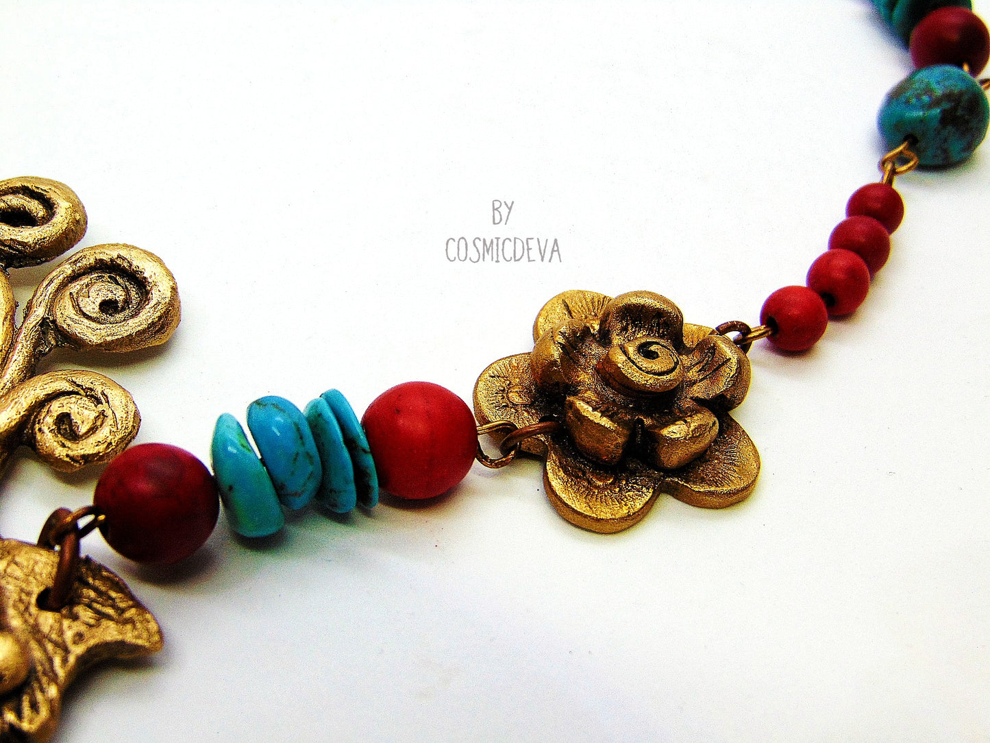 Gold Bronze Milagro Heart Sacred Heart Necklace Set. Stunning bold one of a kind hand sculptured solid golden bronze milagro heart and flower necklace set with natural turquoise, red howlite gemstone beads was kiln fired in my studio with pure Bronze from Bronze Metal Clay. This necklace comes with a matching pair of ear rings - CosmicDeva