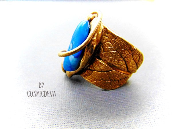 Sage Leaf Ring, Blue Crazy Lace Agate, Gold Bronze Ring, SIZE US 12 Ring, Hand made wide band ring with gold bronze and a sage leaf imprint featuring a beautiful turquoise blue agate gemstone setting as a focal point. - CosmicDeva