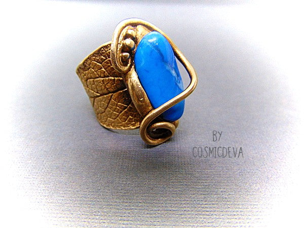 Sage Leaf Ring, Blue Crazy Lace Agate, Gold Bronze Ring, SIZE US 12 Ring, Hand made wide band ring with gold bronze and a sage leaf imprint featuring a beautiful turquoise blue agate gemstone setting as a focal point. - CosmicDeva