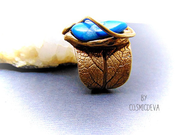Sage Leaf Ring, Blue Crazy Lace Agate, Gold Bronze Ring, SIZE US 12 Ring, Hand made wide band ring with gold bronze and a sage leaf imprint featuring a beautiful turquoise blue agate gemstone setting as a focal point. - CosmicDeva