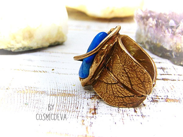 Sage Leaf Ring, Blue Crazy Lace Agate, Gold Bronze Ring, SIZE US 12 Ring, Hand made wide band ring with gold bronze and a sage leaf imprint featuring a beautiful turquoise blue agate gemstone setting as a focal point. - CosmicDeva