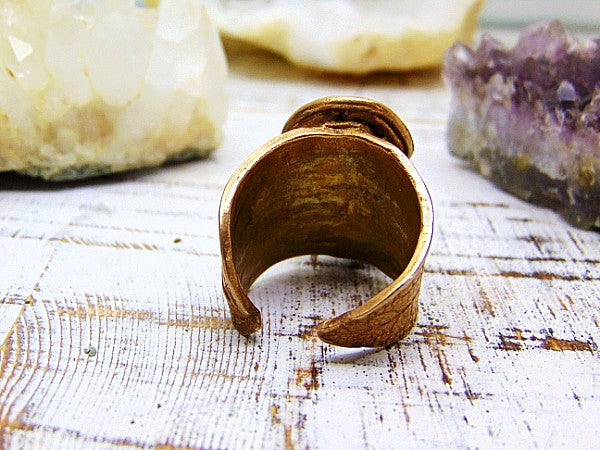Sage Leaf Ring, Blue Crazy Lace Agate, Gold Bronze Ring, SIZE US 12 Ring, Hand made wide band ring with gold bronze and a sage leaf imprint featuring a beautiful turquoise blue agate gemstone setting as a focal point. - CosmicDeva