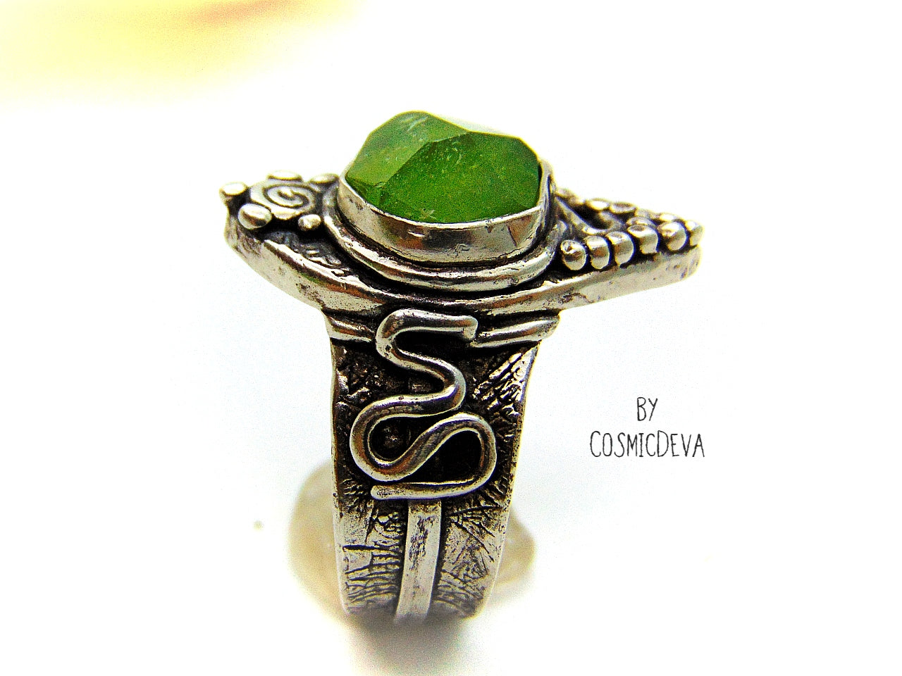 Green Natural Peridot Sterling Silver Boho Statement Ring, US 9.5 Ring. One of a kind handmade faceted hand cut natural green peridot boho statement ring, made of pure solid 950 sterling silver and hallmarked as it. This ring is made from 100% recycled silver and it is 100% Eco-friendly! This beautiful natural Pakistan peridot gemstone has a strong and apple greenish color which makes the ring an absolutely eye-catcher! - CosmicDeva