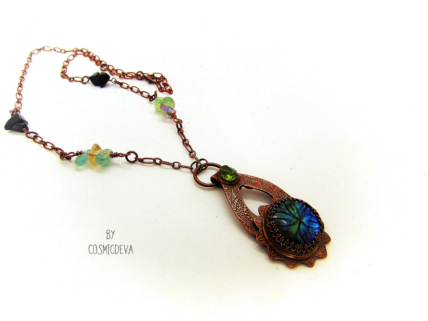 Labradorite Floral Mandala Copper Pendant Artisan Necklace - CosmicDeva