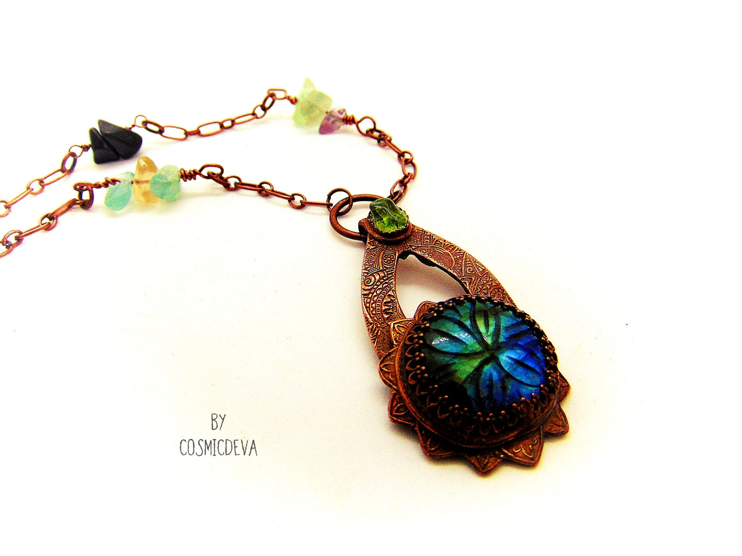 Labradorite Floral Mandala Copper Pendant Artisan Necklace - CosmicDeva